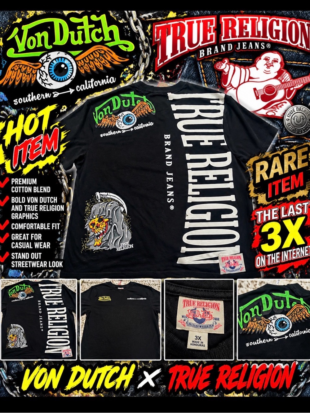 True Religion x Von Dutch Black Graphic Tee with Green Von Dutch Accents
